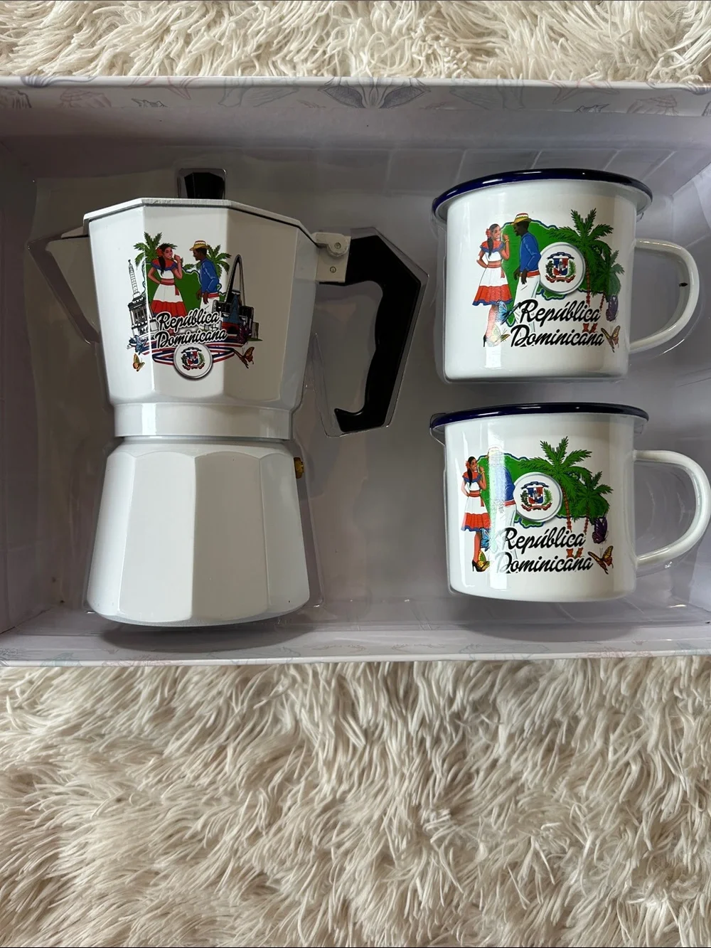 White Enamel Moka Pot & Cups Set